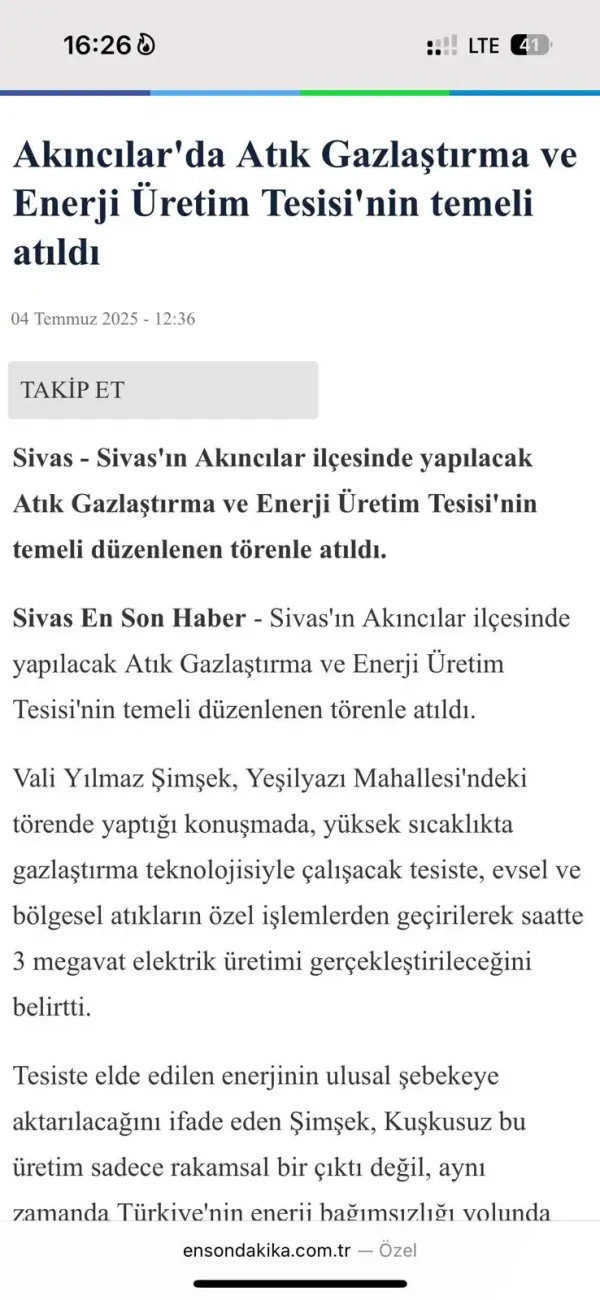 Gaz Arıtma Tesisi — Akıncılar Belediyesi