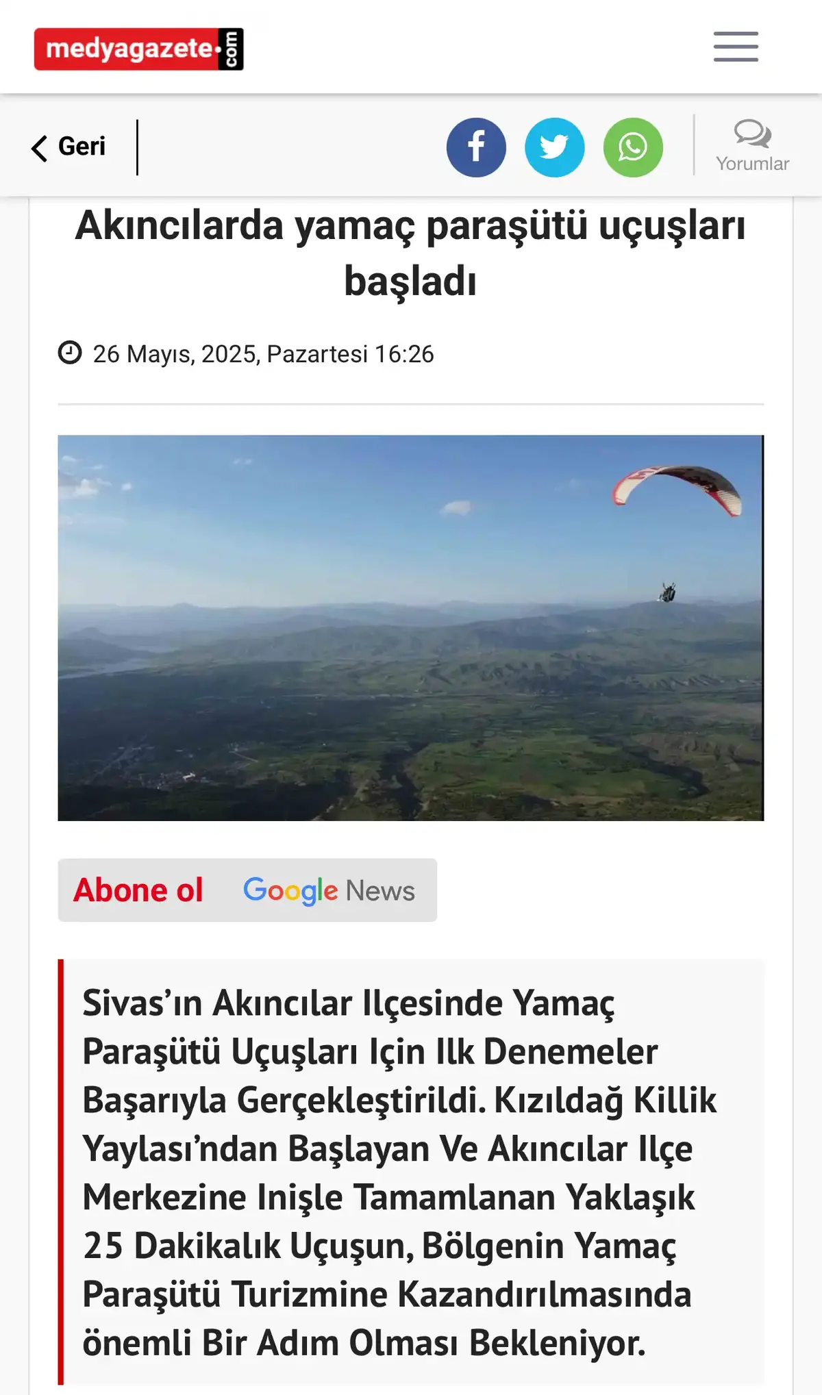 Yamaç Paraşütü — Akıncılar Belediyesi