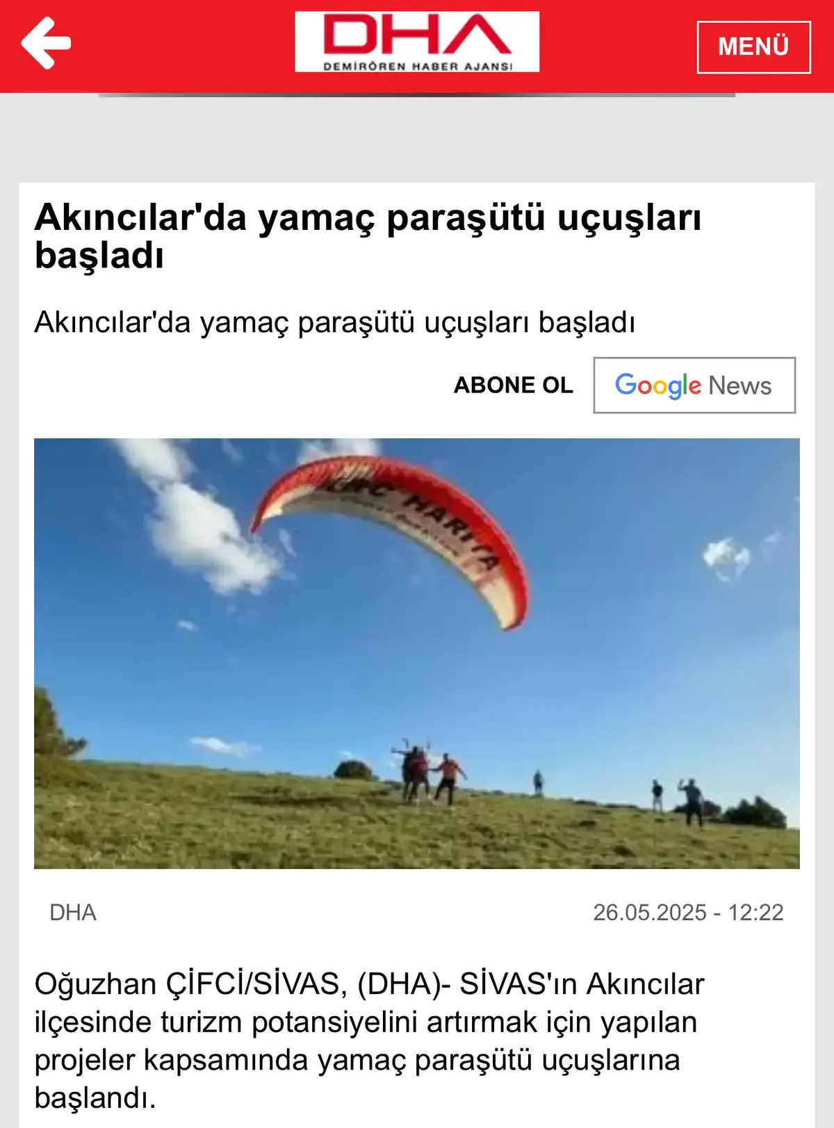 Yamaç Paraşütü — Akıncılar Belediyesi